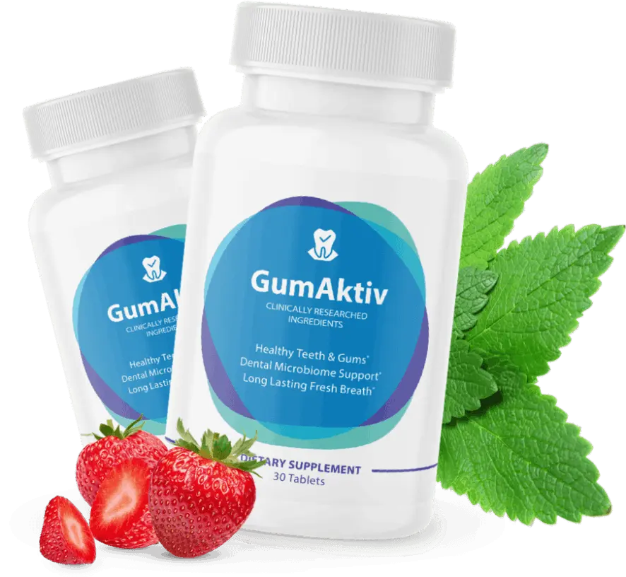 GumAktiv oral health supplement bottle and dental care